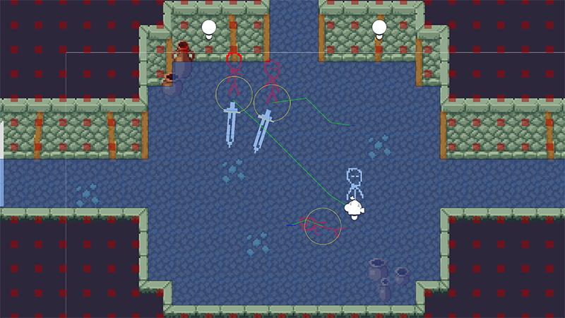 In-editor screenshot showing enemies navigating around tiles towards player